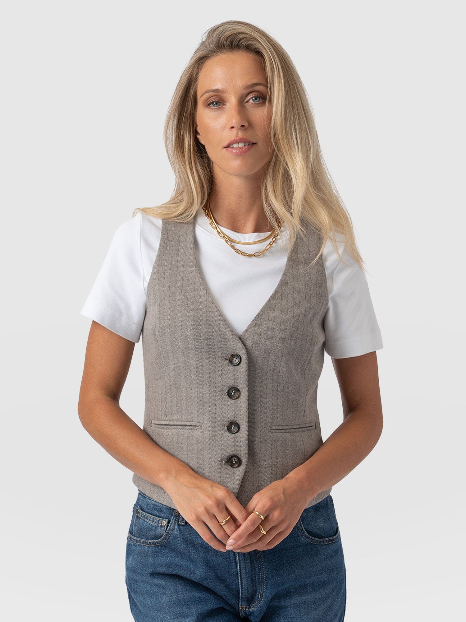 Astrid Vest - Brown Herringbone