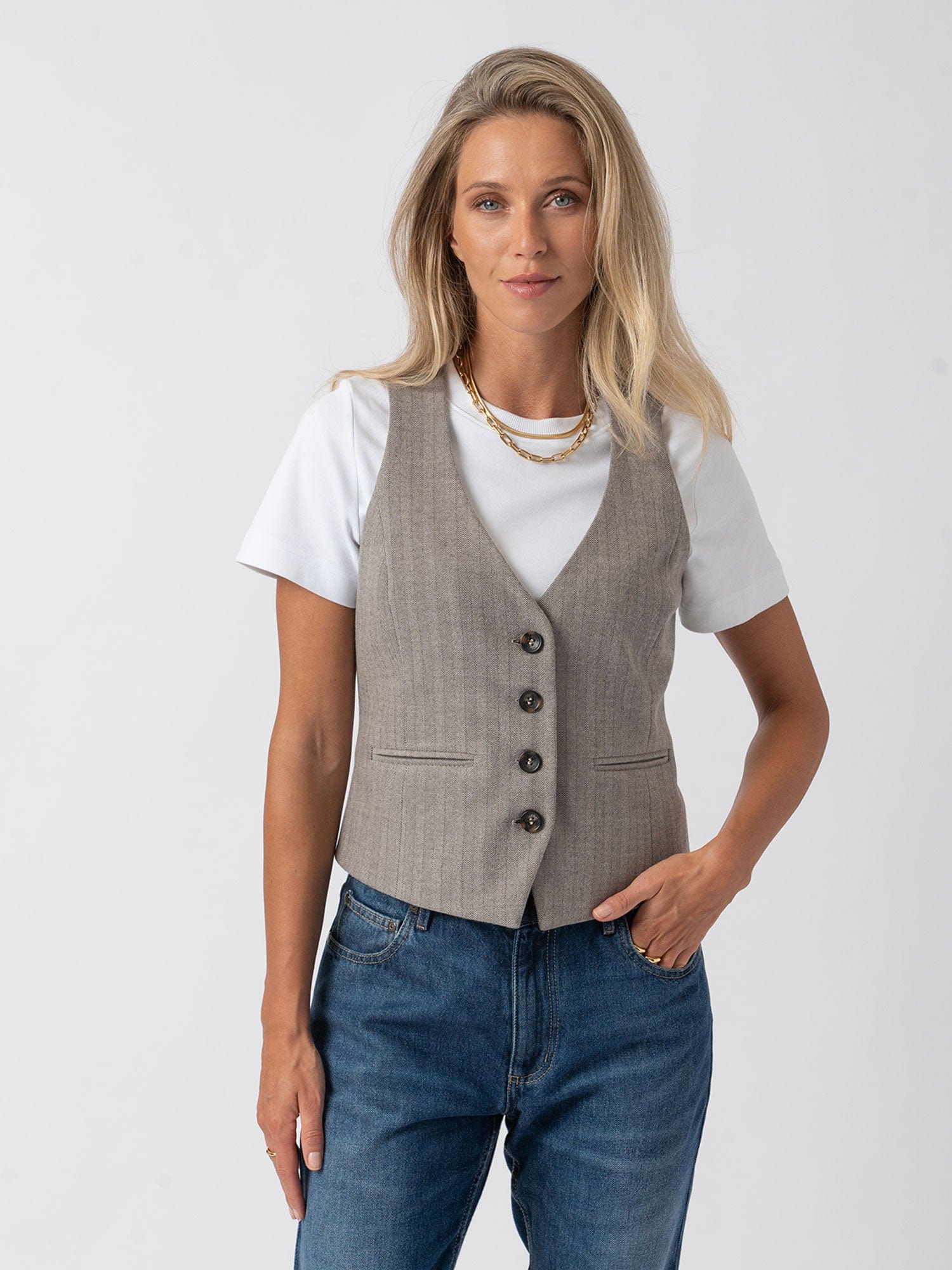 Astrid Vest - Brown Herringbone