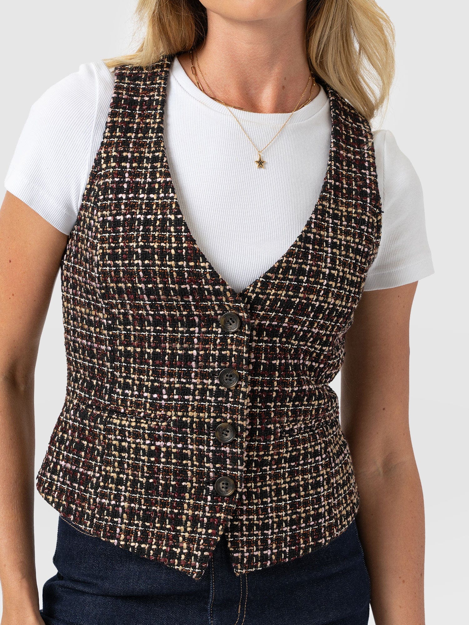 Astrid Waistcoat - Black/Burgundy/Gold Boucle