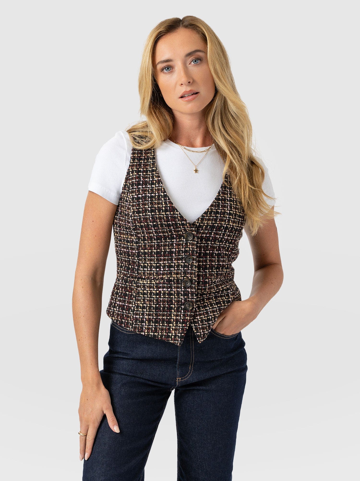 Astrid Waistcoat - Black/Burgundy/Gold Boucle