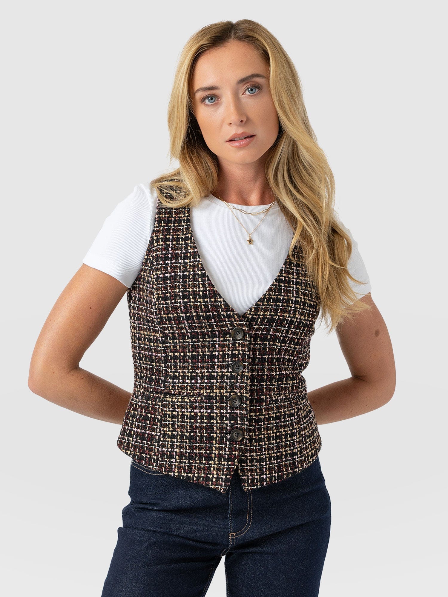 Astrid Waistcoat - Black/Burgundy/Gold Boucle
