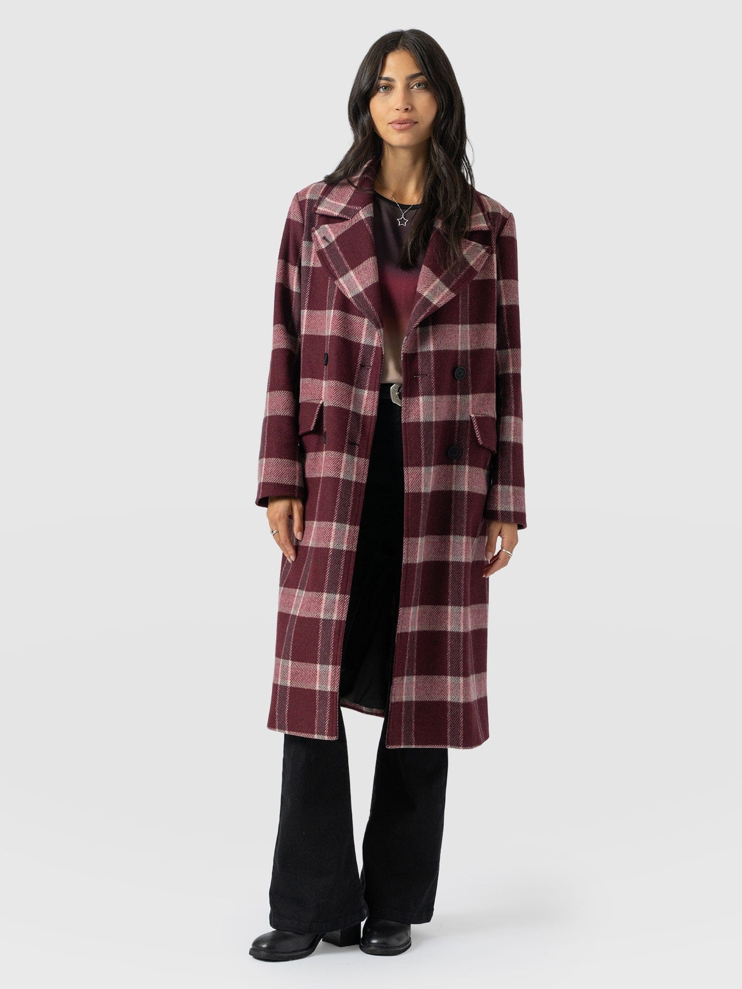 Hampton Coat - Burgundy/Pink Check