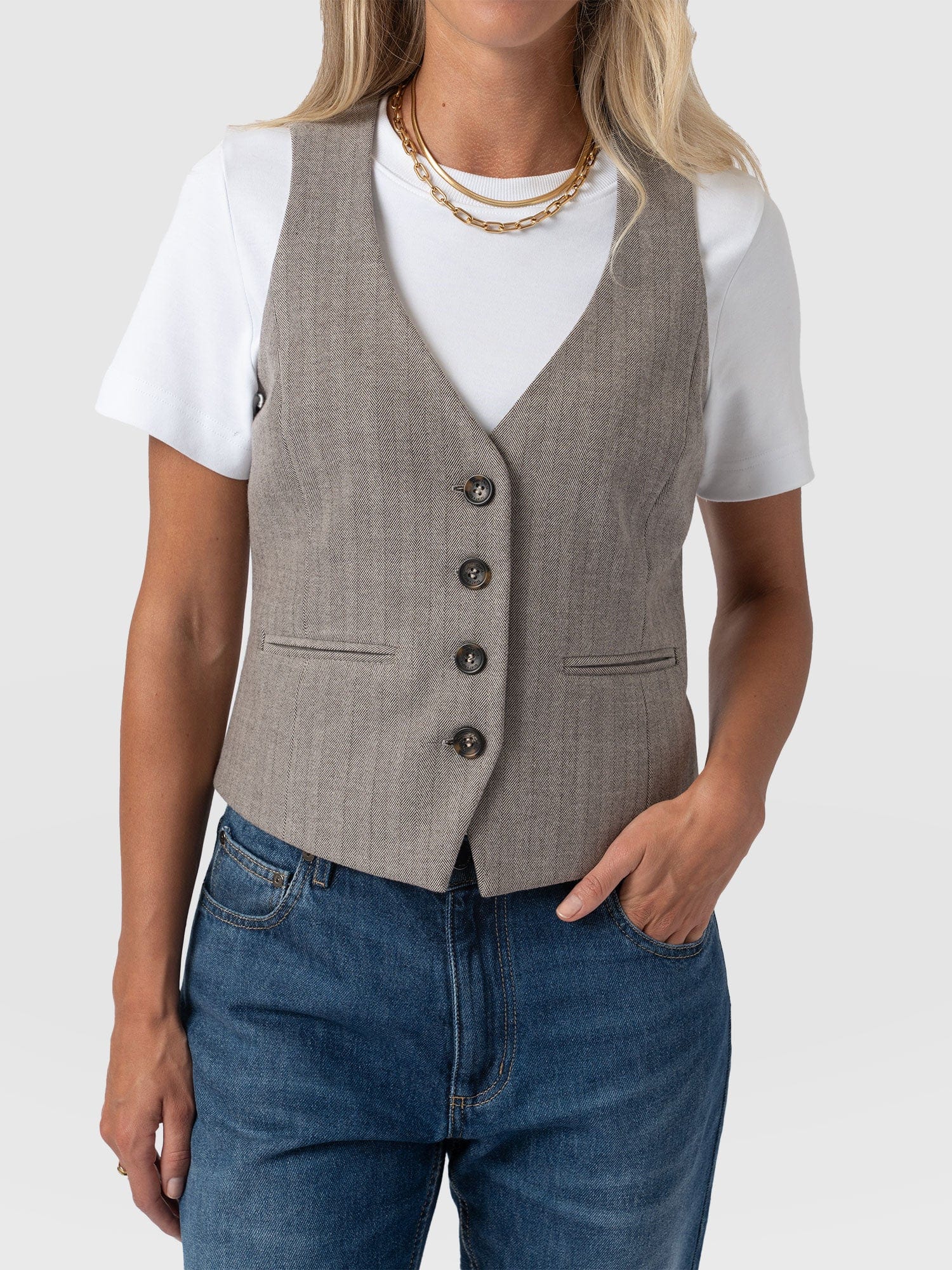 Astrid Vest - Brown Herringbone