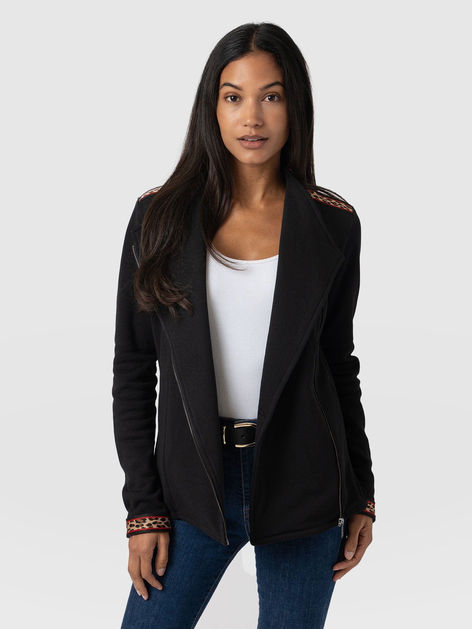 Cotton Biker Jacket - Leopard Trim