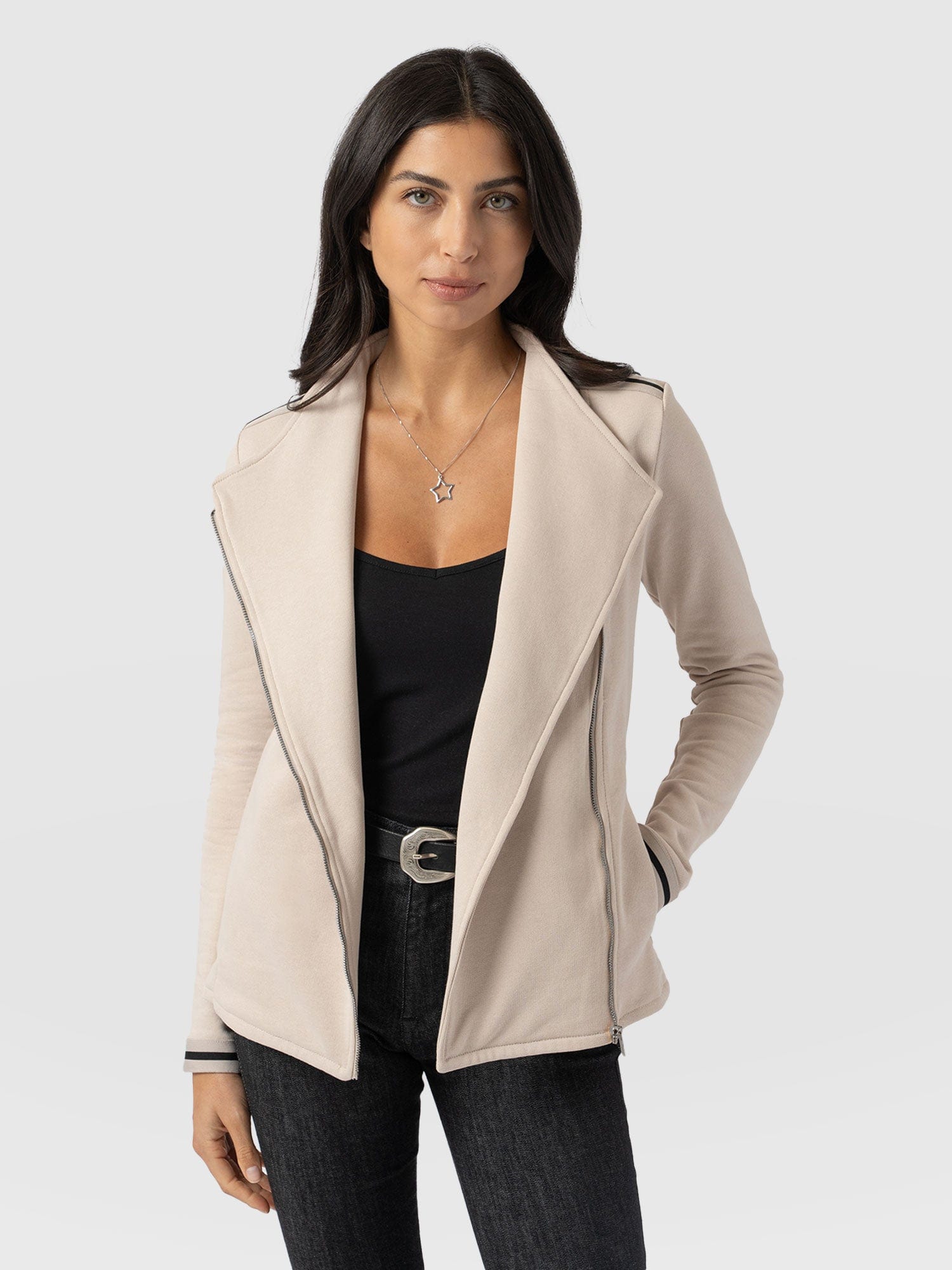 Cotton Biker Jacket-Light Beige-Black/Cream Stripe