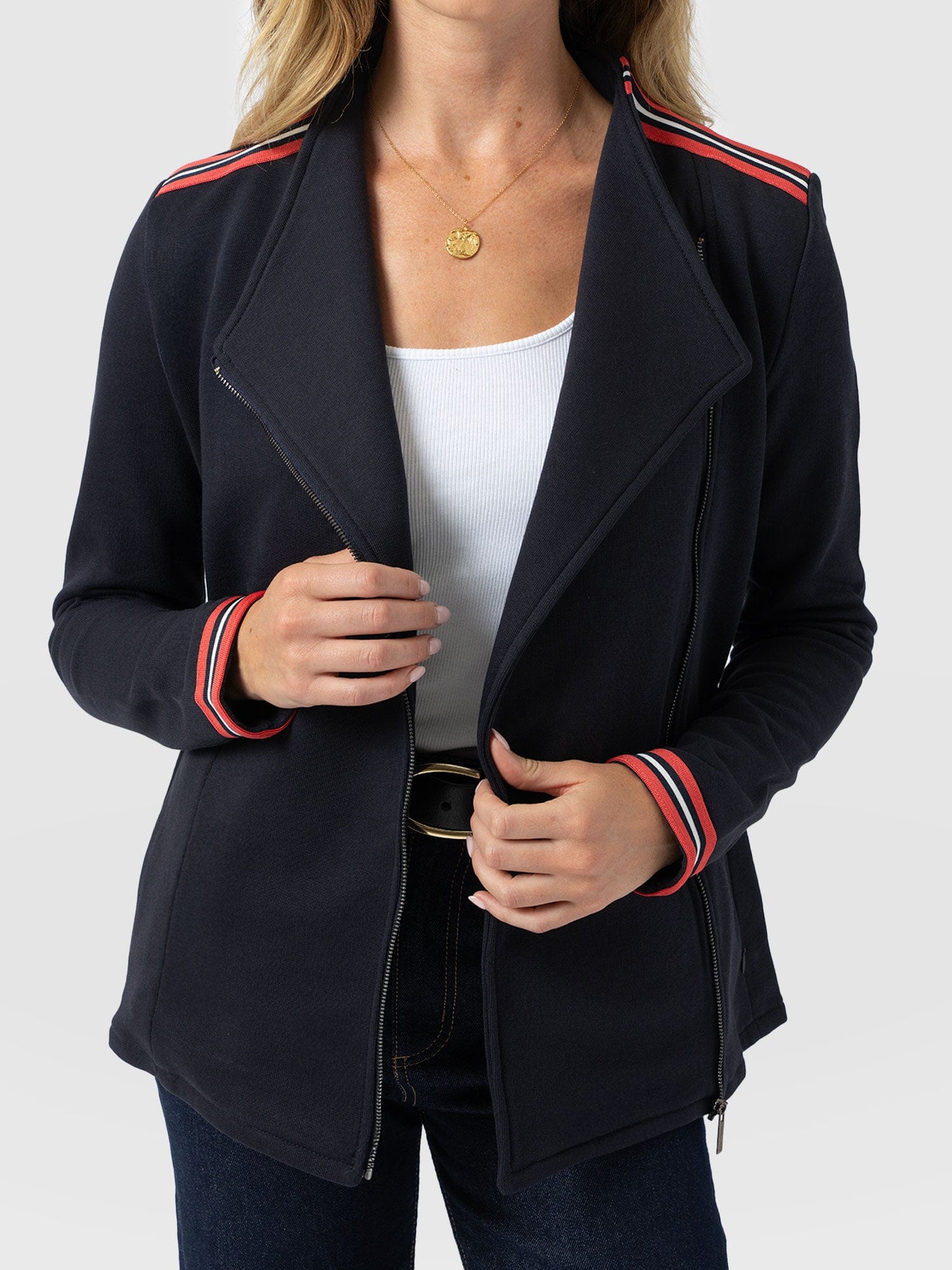 Cotton Biker Jacket - Navy Stripe